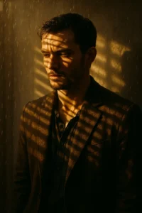 Cinematic portrait generated using 9 ChatGPT Prompts for Cinematic Photo, featuring golden sunlight casting shadows through window blinds on a man's face.