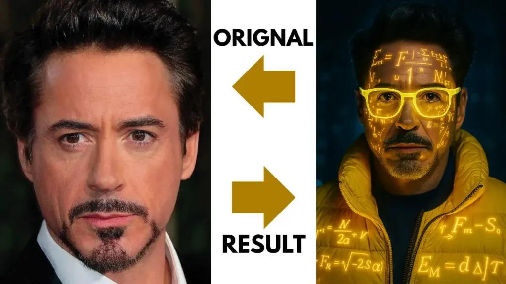 Hyper-realistic cinematic portrait of a man wearing neon yellow glasses and a yellow jacket with golden formulas, representing smart-tech vibes from the 7 ChatGPT Prompts for Cinematic Photo.