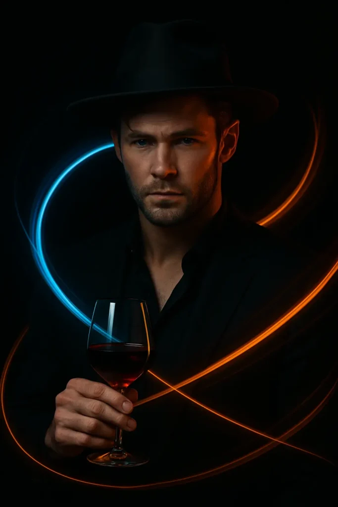 Stylized cinematic portrait from 9 ChatGPT Prompts for Cinematic Photo, showing a man in a red sweater holding a wine glass with dramatic light trails.