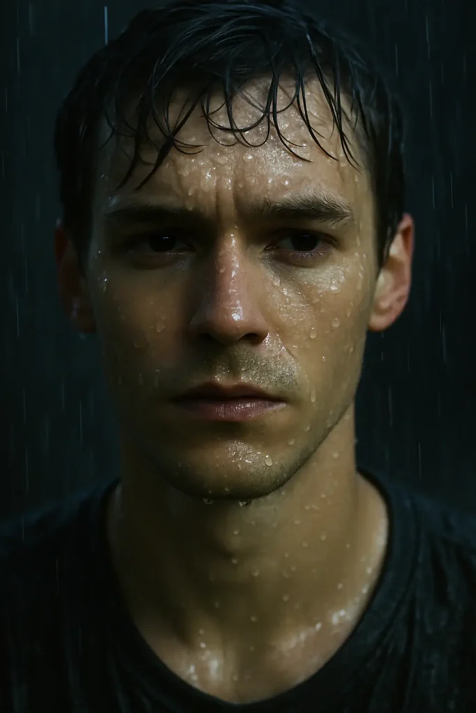 Moody close-up portrait created with 9 ChatGPT Prompts for Cinematic Photo, featuring a rain-soaked face and sharp eyes under cinematic lighting.