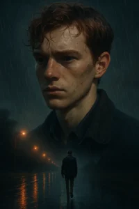 Rainy cinematic photo using 9 ChatGPT Prompts for Cinematic Photo, showing a man in motion beside his own blurred reflection in a wet urban setting.