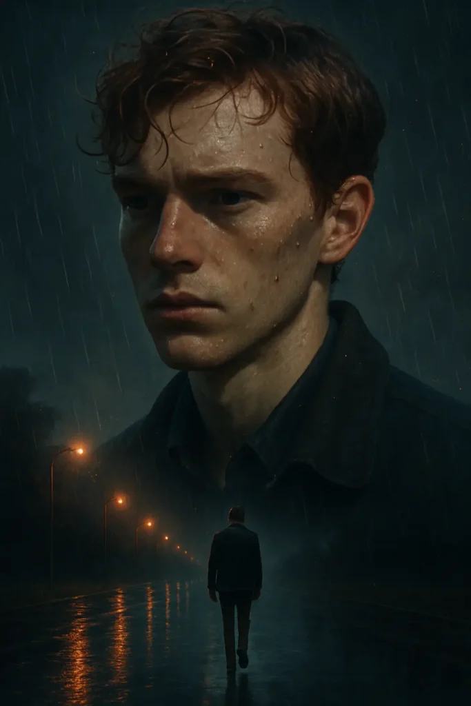 Rainy cinematic photo using 9 ChatGPT Prompts for Cinematic Photo, showing a man in motion beside his own blurred reflection in a wet urban setting.