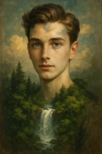 Creative double exposure portrait from 9 ChatGPT Prompts for Cinematic Photo, blending a man’s face with forest and sky for a surreal, nature-inspired effect.