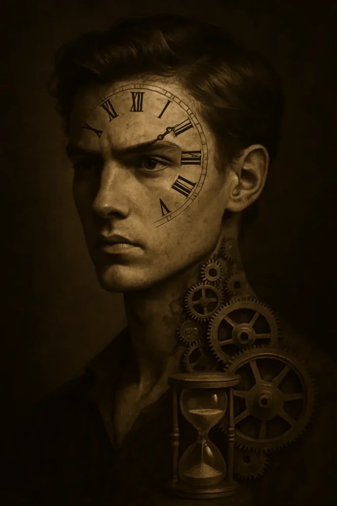 Cinematic concept image generated using 9 ChatGPT Prompts for Cinematic Photo, showing a man in steampunk style with gears and a brain overlay.