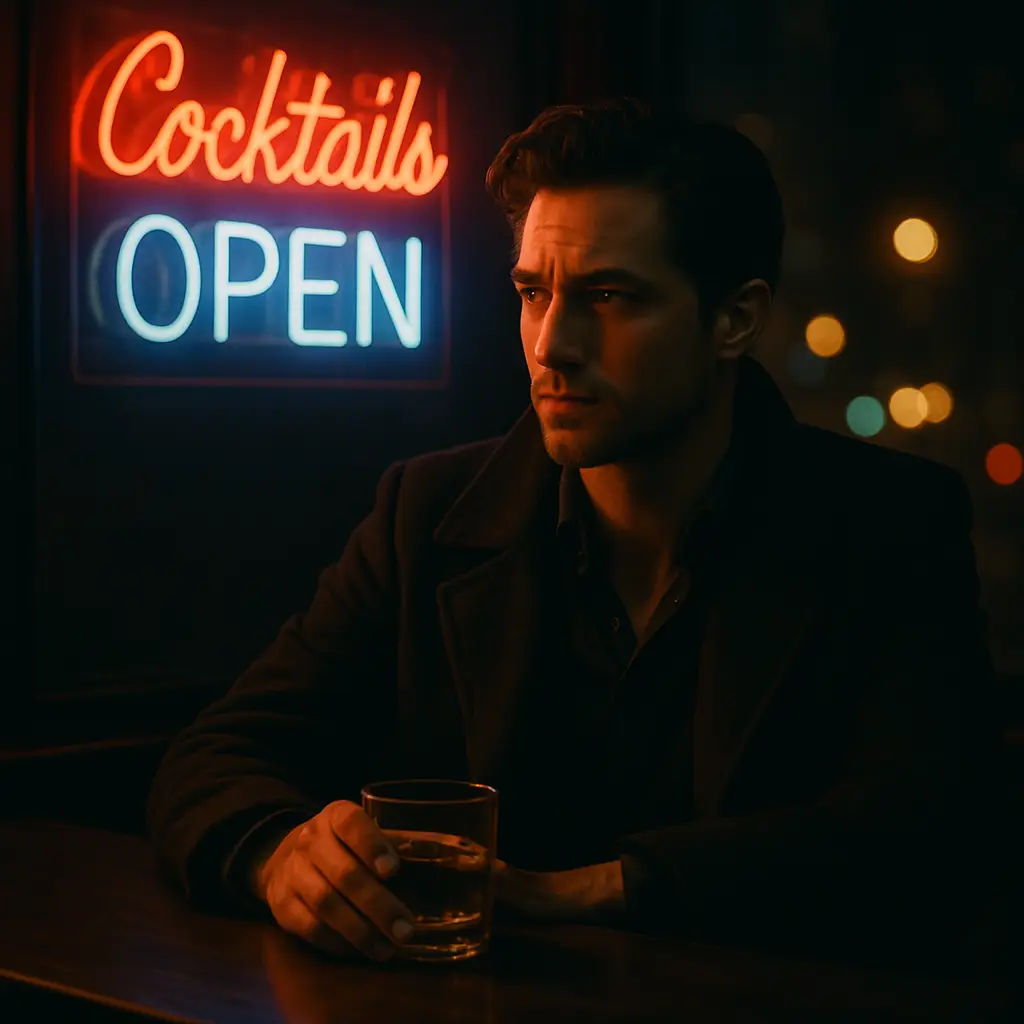 Neo-noir style cinematic portrait made with 9 ChatGPT Prompts for Cinematic Photo, featuring a man sitting alone at a bar with red and blue lighting.