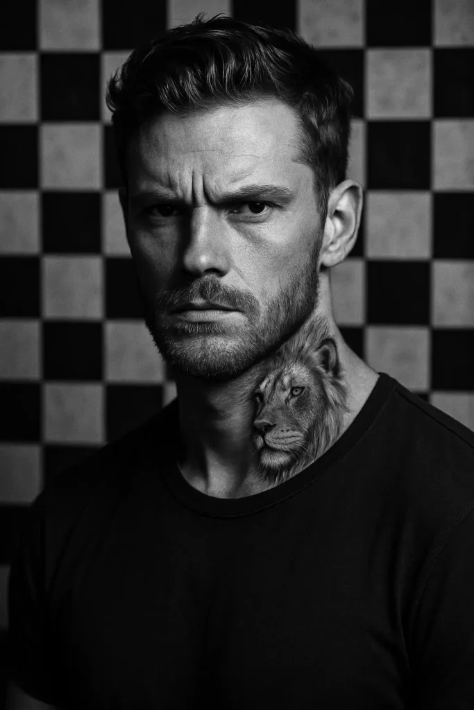High-contrast black and white photo from 9 ChatGPT Prompts for Cinematic Photo, showing a man with tattooed arms, a lion, and a chessboard background.