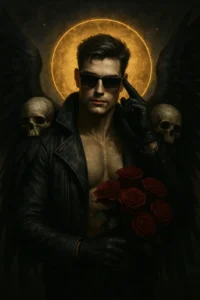 Fantasy portrait created with 9 ChatGPT Prompts for Cinematic Photo, featuring a man with black wings, leather outfit, and glowing rose petals.