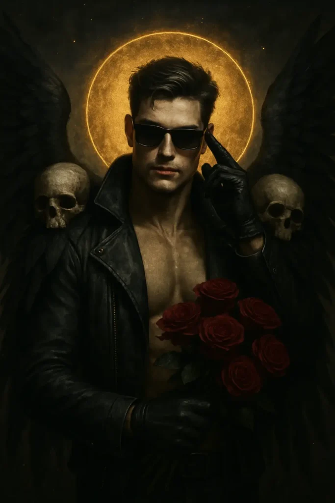 Fantasy portrait created with 9 ChatGPT Prompts for Cinematic Photo, featuring a man with black wings, leather outfit, and glowing rose petals.