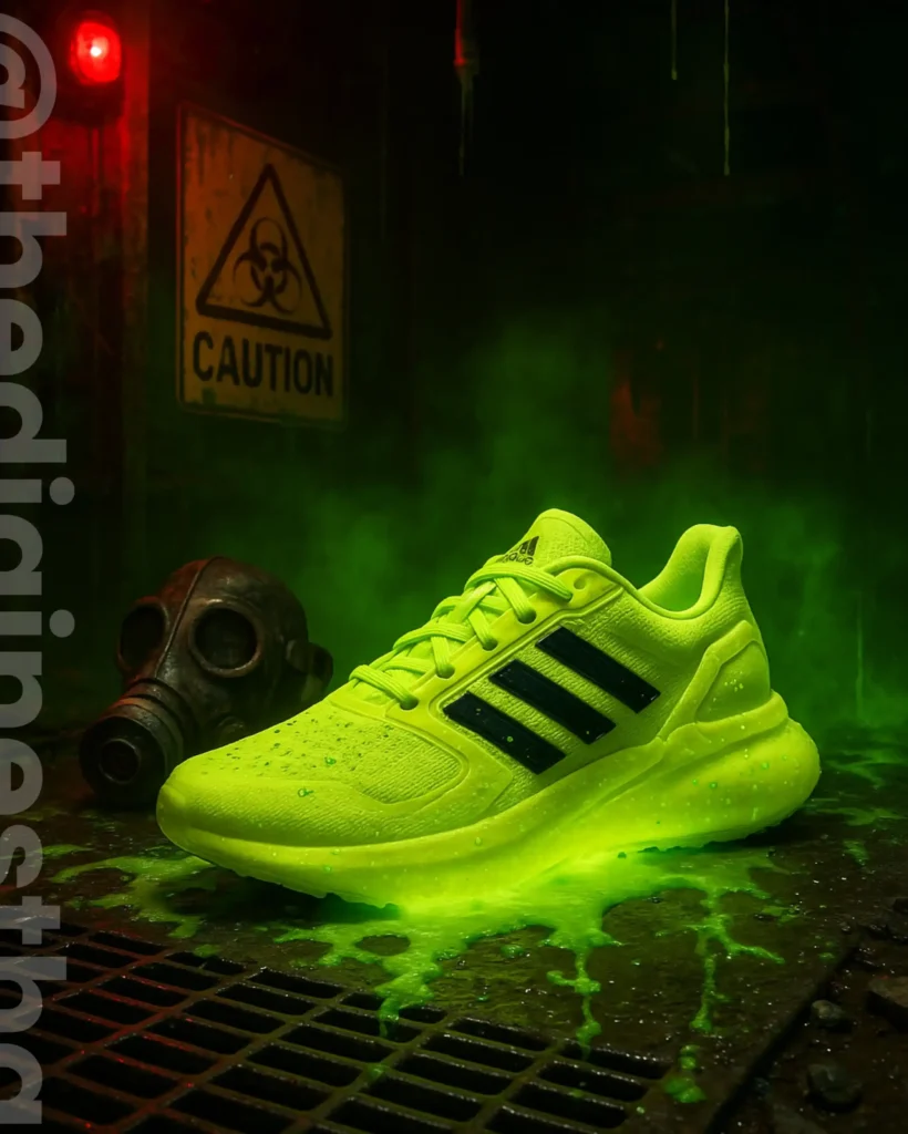 ChatGPT Prompts For Product Image Generation: Adidas futuristic sneaker with green toxic glow in industrial plant – sample image not shown