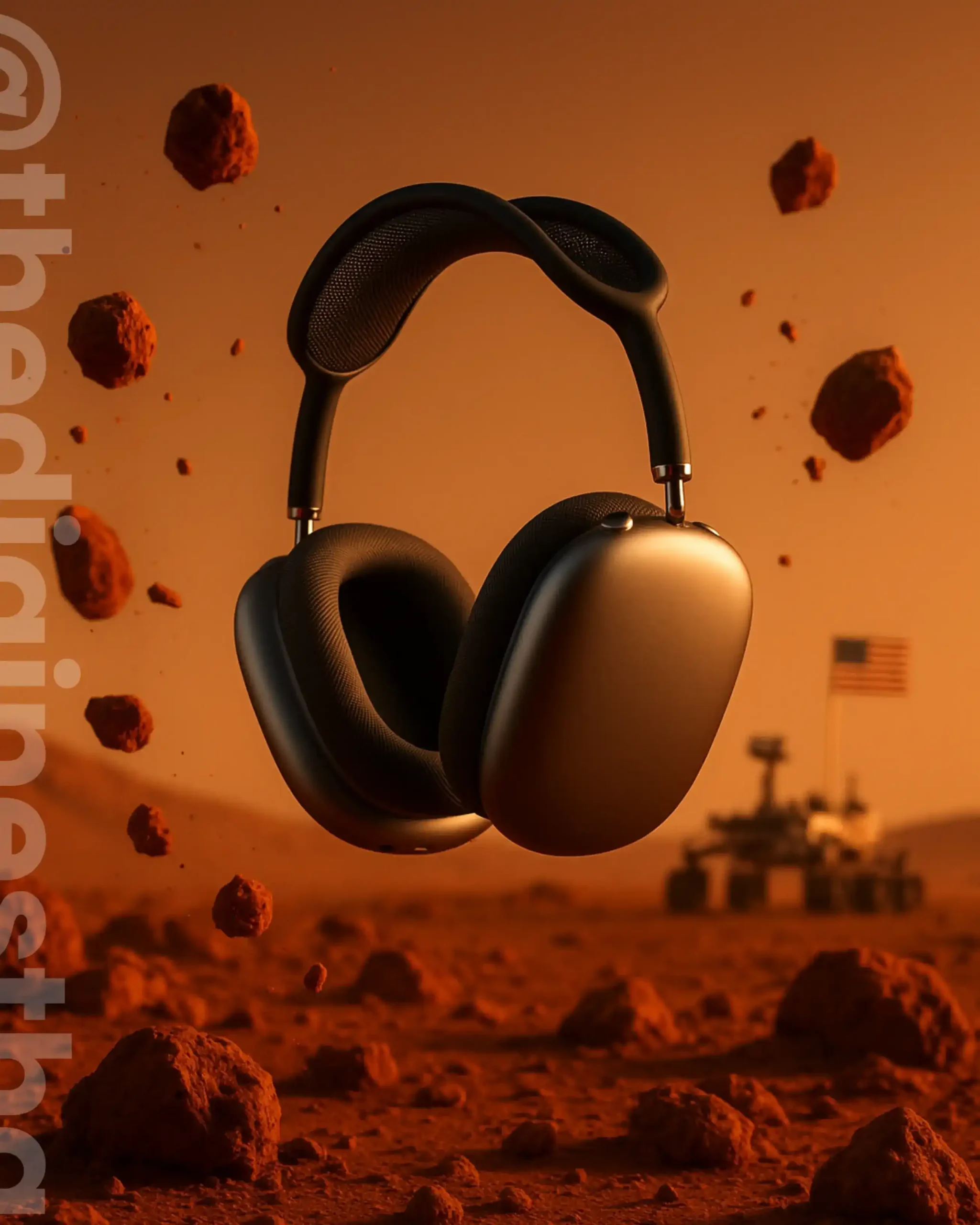 ChatGPT Prompts For Product Image Generation: Apple AirPods Max floating above Mars surface with red rocks and Perseverance rover in background