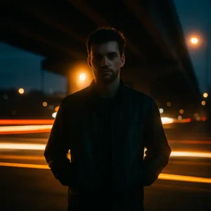 Backlit cinematic portrait created using ChatGPT Prompt for Cinematic Photo, showing a man in sharp focus under an overpass with city light trails.