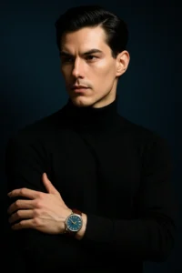 Stylized fashion photo generated with ChatGPT Prompt for Cinematic Photo, featuring a man in a black turtleneck and dramatic studio lighting.