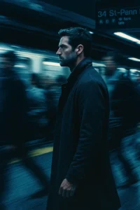 Urban metro scene made with ChatGPT Prompt for Cinematic Photo, showing a focused figure in a crowd with motion blur and 35mm film look.
