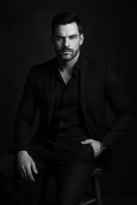 Studio image created using ChatGPT Prompt for Cinematic Photo, featuring a confident man in an all-black suit on a wooden stool in low-key lighting.