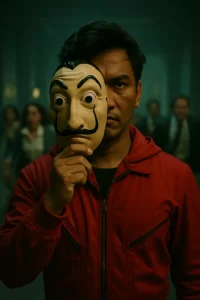 Action-style portrait made with ChatGPT Prompt for Cinematic Photo, showing a man in a red outfit holding a Money Heist mask with a moody cinematic vibe.