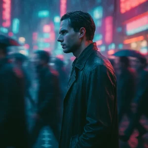 Cinematic cyberpunk portrait generated using ChatGPT Prompt for Cinematic Photo, showing a man walking through a neon-lit rainy street with motion blur and 35mm film style.