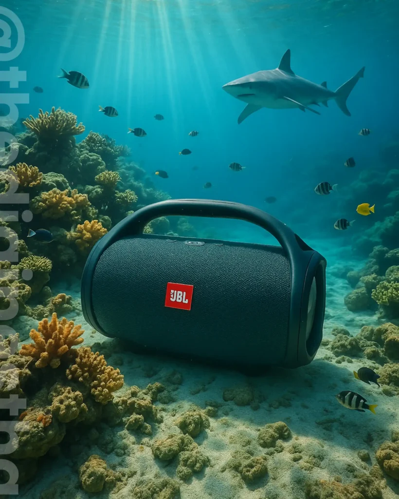 ChatGPT Prompts For Product Image Generation: JBL Boombox underwater surrounded by coral, fish, and shark