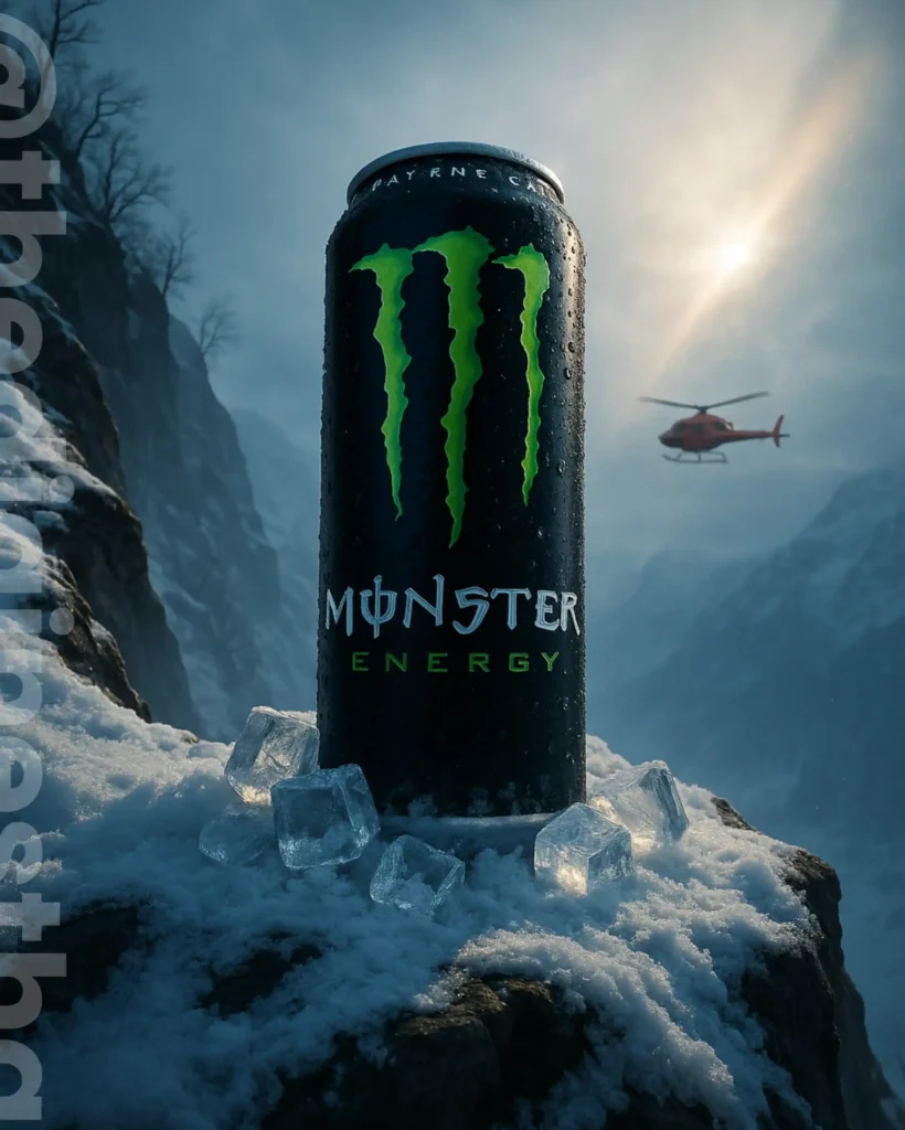ChatGPT Prompts For Product Image Generation: Monster Energy can on snow mountain with ice and helicopter in background