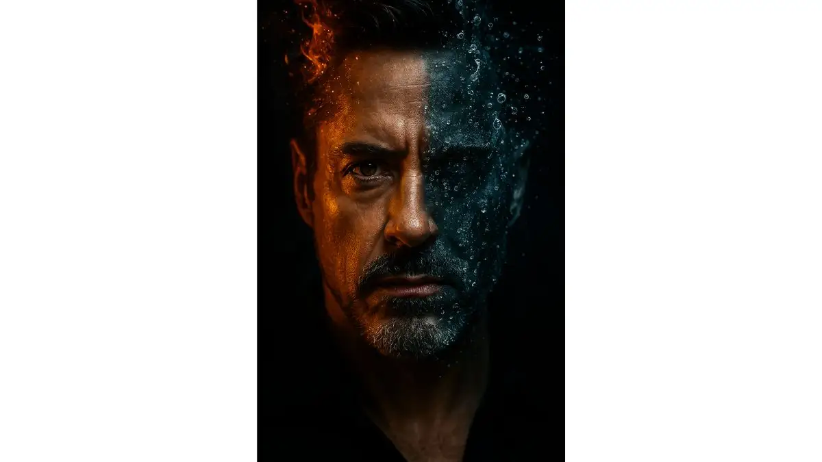 10. Moody Cinematic Close-Up Half Face Submerged with Fire and Ice Elements AI-generated cinematic portrait created using ChatGPT AI photo editing prompt, featuring hyper-realistic details and dramatic lighting