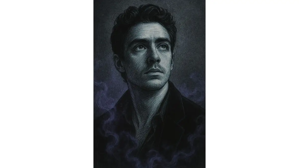 11. Bold Monochrome Portrait with Purple Mist and Vintage Lithograph Style AI-generated cinematic portrait created using ChatGPT AI photo editing prompt, featuring hyper-realistic details and dramatic lighting