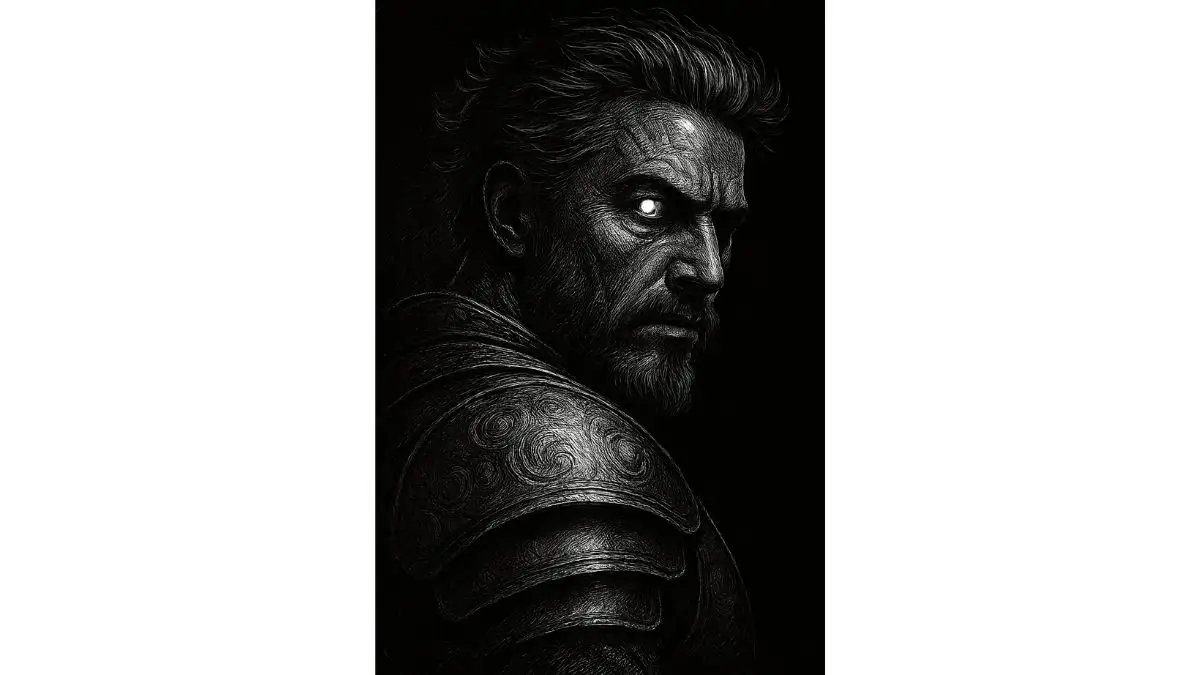 3. Engraved-Style Black & White Portrait of a Fierce Warrior AI-generated cinematic portrait created using ChatGPT AI photo editing prompt, featuring hyper-realistic details and dramatic lighting