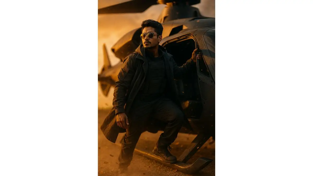 4. Cinematic Techwear Hero Boarding a Futuristic VTOL Jet at Golden Hour AI-generated cinematic portrait created using ChatGPT AI photo editing prompt, featuring hyper-realistic details and dramatic lighting