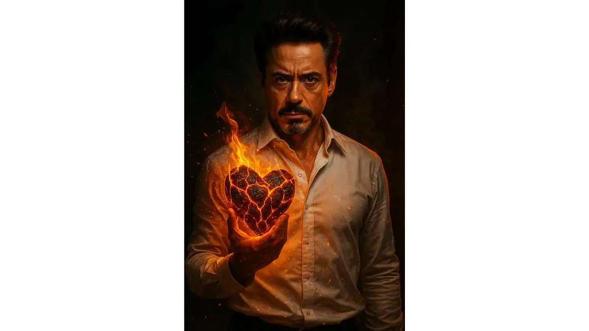 5. Fiery Cinematic Portrait Holding a Heart-Shaped Lava Stone AI-generated cinematic portrait created using ChatGPT AI photo editing prompt, featuring hyper-realistic details and dramatic lighting