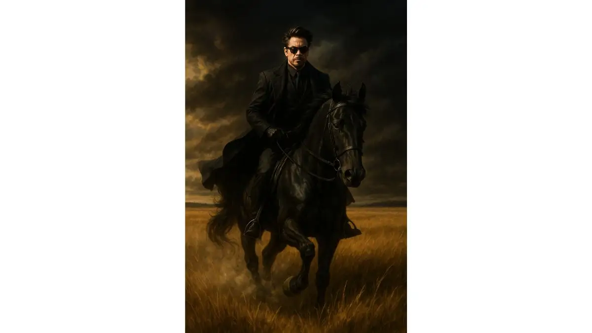 6. Cinematic Portrait of a Man on Horseback Under a Stormy Sky AI-generated cinematic portrait created using ChatGPT AI photo editing prompt, featuring hyper-realistic details and dramatic lighting