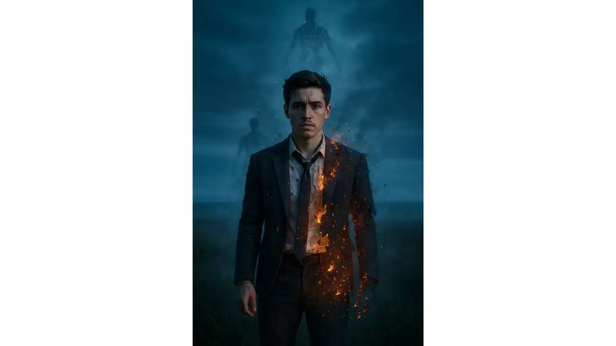 8. Emotional Cinematic Portrait of a Man Dissolving at Blue Hour AI-generated cinematic portrait created using ChatGPT AI photo editing prompt, featuring hyper-realistic details and dramatic lighting