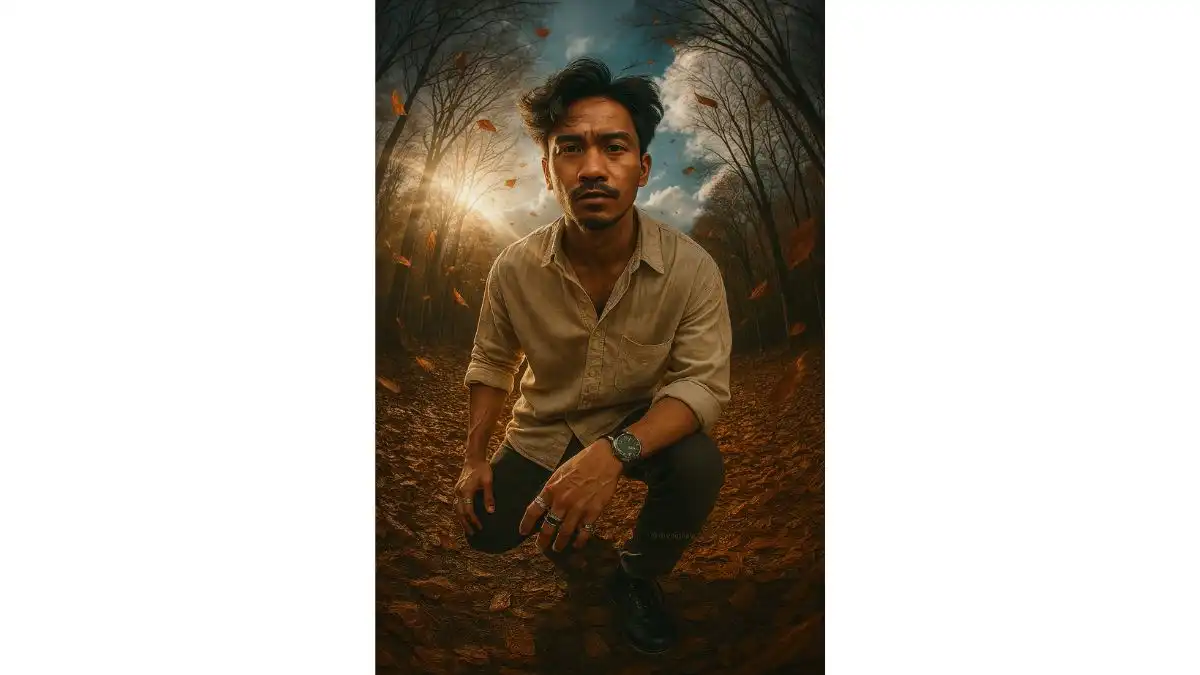Autumn prompt: Man standing in forest with swirling leaves and dramatic sunlight, low-angle view – ChatGPT AI Photo Editing Prompt