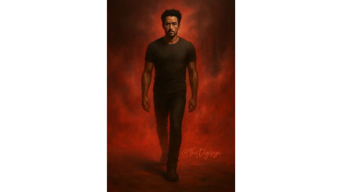 Red prompt: Foggy red surreal portrait of man walking toward camera – ChatGPT AI Photo Editing Prompt