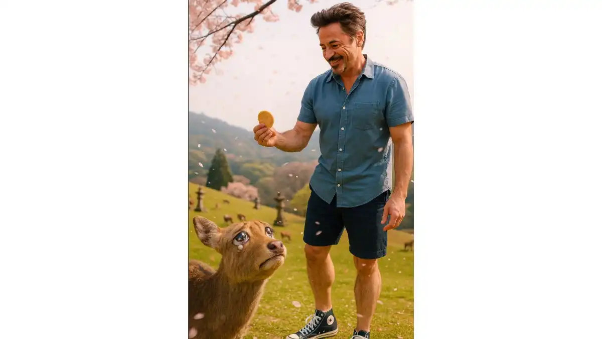 Deer prompt: Woman with biscuit and heartbroken deer in cherry blossom hill, emotional spring scene – ChatGPT AI Photo Editing Prompt