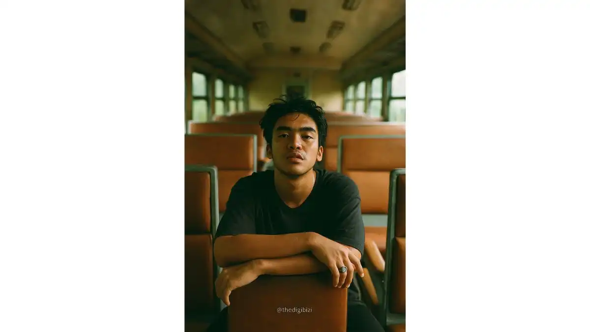 Bus prompt: Portrait of man inside warm-toned vintage train, cinematic analog vibe – ChatGPT AI Photo Editing Prompt